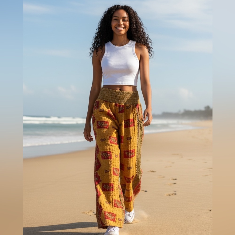 KANTHA Wide leg pants custom wearable art up to 18” waist. Item 3